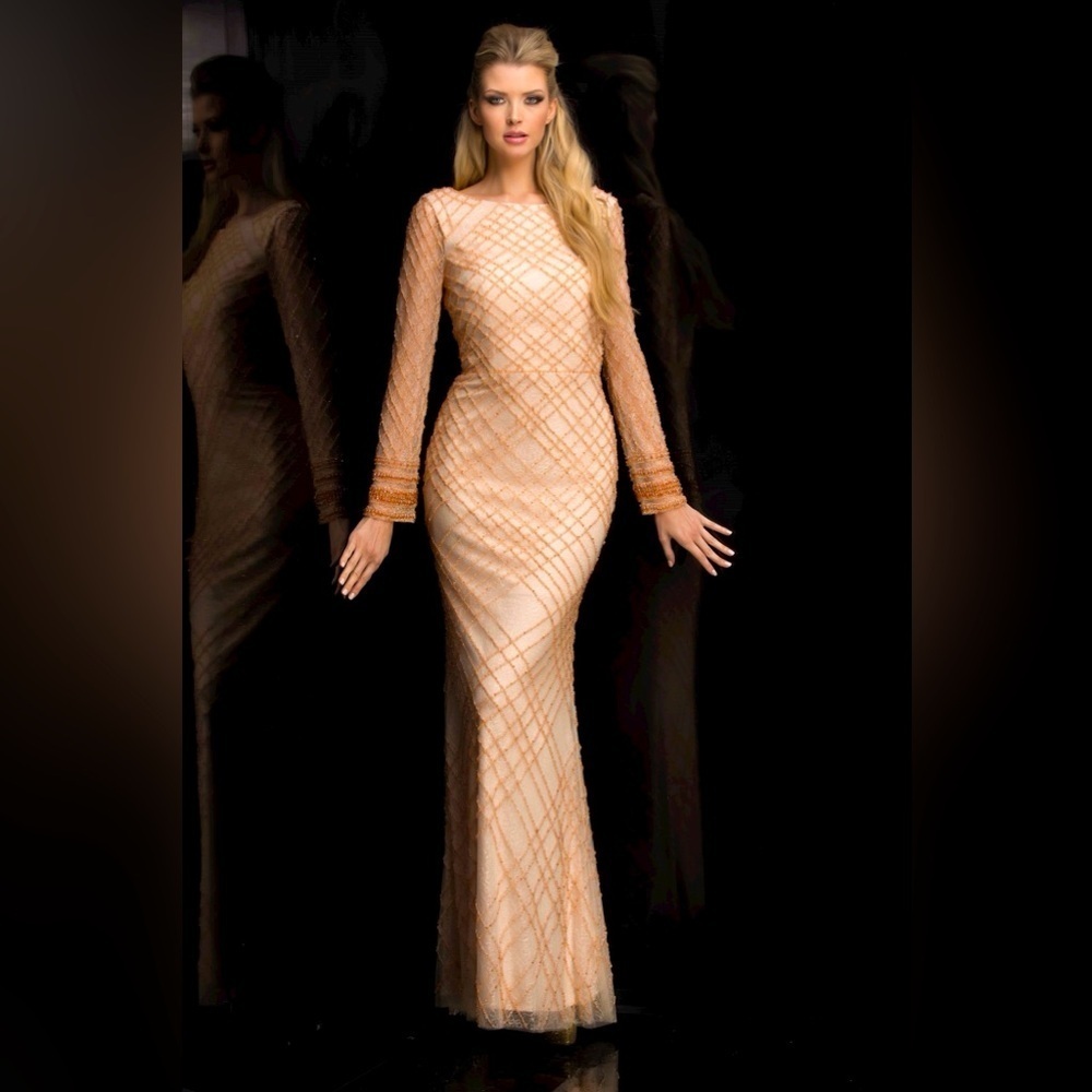 NWT LUCCI LU Beaded Gown 28817 Champagne 14